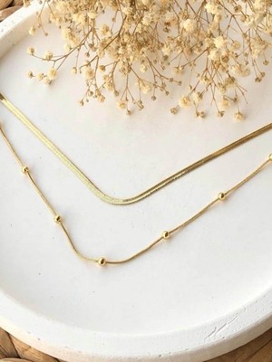 Gena Moda Gold Renk Paslanmaz Çelik 45 cm  Italyan Kolye ve Dorika Kolye Kombin