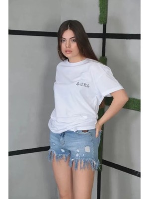 Stock Mount Unisex Bisiklet Yaka Baskılı Oversize T-Shirt- Beyaz