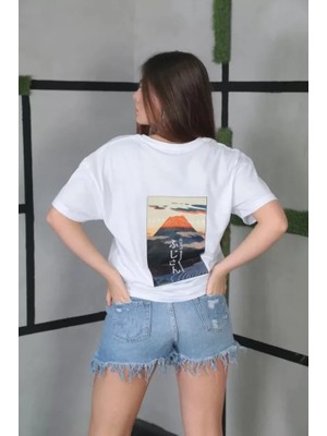 Stock Mount Unisex Bisiklet Yaka Baskılı Oversize T-Shirt- Beyaz