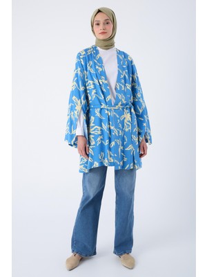 Allday 23DS92008AL0 Kol Yırtmaç Detaylı Kemerli Desenli Kadın Kimono