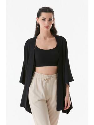 FullaModa Basic Siyah Bürümcük Kumaş Şal Yaka Kimono Düz Desenli Kadın Ürün