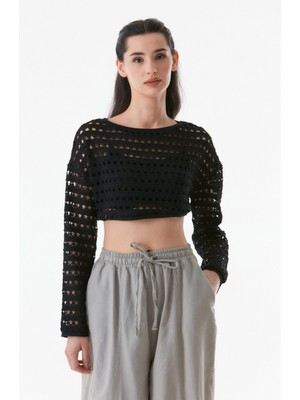 FullaModa Ajurlu Bisiklet Yaka Crop Bluz