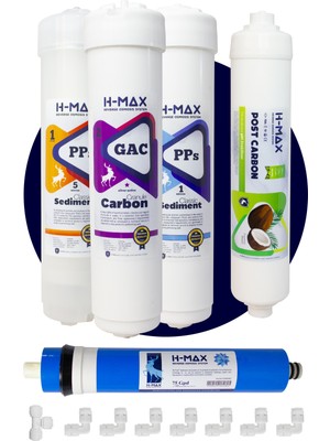H-MAX Reverse Osmosis System H-Max Hanedan Marka Su Arıtma Cihazı Filtresi Kapalı Kasa 5'li Filtre Seti - H-Max Membran - A0054