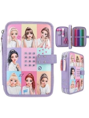 Top Model 2 Katlı Kalem Kutusu Şifreli Mor Renkli Polyester Malzeme ile 18 Kalem Kapasiteli