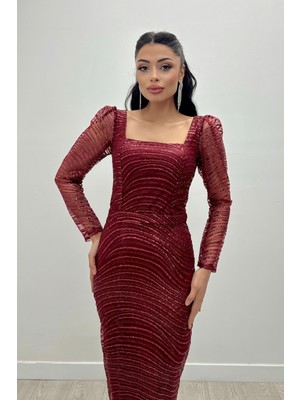 Giyimmasalı Pullu Payet Kumaş Kare Yaka Kalem Elbise - Bordo