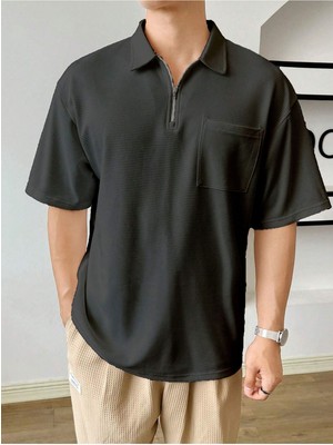 Genius Store Erkek Oversize Polo Yaka Waffle T-Shirt  Poloyaka-Fermuarlı