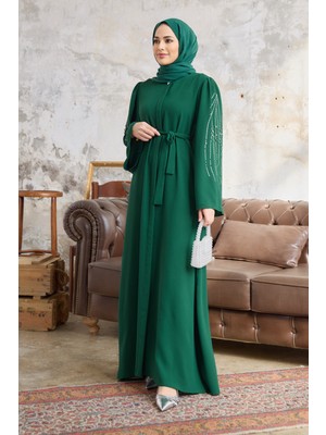 Vavinor Rona Kolları Desenli Abaya - Zümrüt