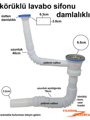 Yıldırım Nalbur Damlalıklı Körüklü Sifon Üstten Evye Sifon Lavabo Borusu Taşmalı