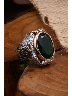 Vogutima Yeşil Zirkon Taşlı Yanı Işlemeli Erkek Gümüş Yüzük