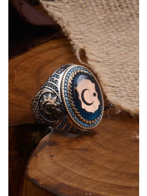 Vogutima Bayrak Ay Yıldız Model Kehribar Taşlı Zirkon Işlemeli Erkek Gümüş Yüzük