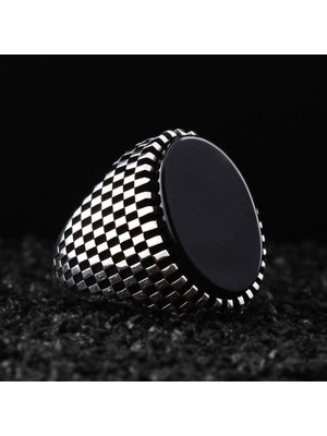Vogutima Siyah Oniks Taşlı Yanı Işlemeli Özel Seri Erkek Gümüş Yüzük