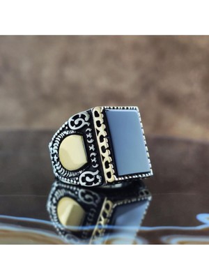 Vogutima Düz Oniks Taşlı Erkek Gümüş Yüzük Gyzgmshgumu