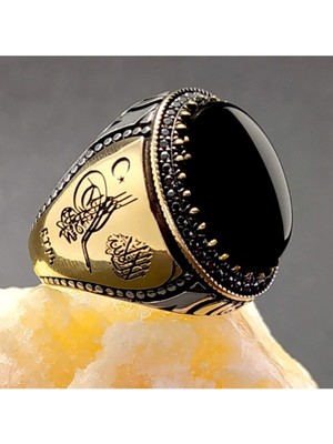 Vogutima Ayyıldız Tuğra ve Türk Yazılı Oniks Taşlı Gümüş Erkek Yüzük