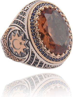 Vogutima Yakut Taşlı Yanında Ay Yıldız Motif Erkek Gümüş Yüzük