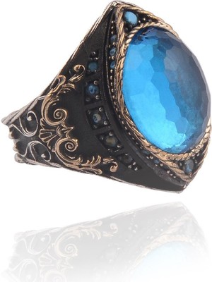 Vogutima Gravür Taşlı Oval Aquamarin Erkek Gümüş Yüzük