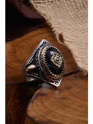 Vogutima Bayrak Ay Yıldız Model Kehribar Taşlı Zirkon Işlemeli Erkek Gümüş Yüzük