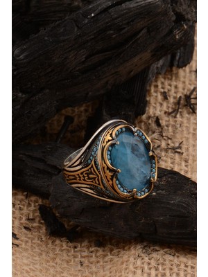 Vogutima Mavi Paraiba Taşlı Kenarları Zirkon Işlemeli Erkek 925 Ayar Gümüş Yüzük Gyzparbıayz-Mav