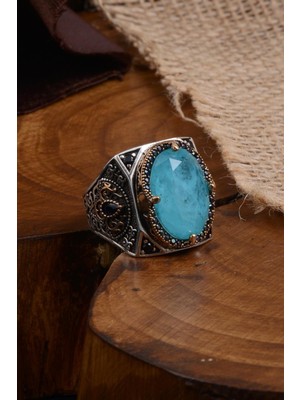 Vogutima Erkek Firuze Turkuaz  Taşlı Yanı Işlemeli  Gümüş Yüzük