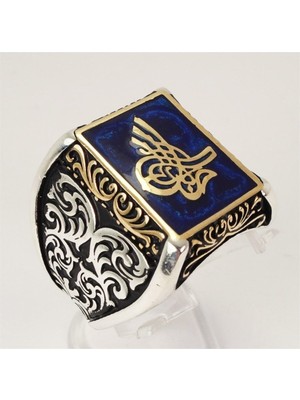Vogutima Osmanlı Tuğralı Mavi Mineli Gümüş Erkek Yüzüğü