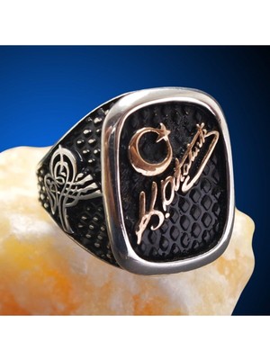 Vogutima Erkek Siyah Atatürk Imzalı ve Tuğralı Gümüş Yüzük