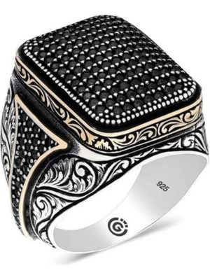 Vogutima Homero Siyah Zirkon Yanı Taşlı Işlemeli Özel Seri Erkek Gümüş Yüzük