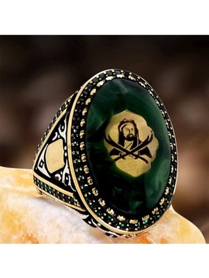 Vogutima Hz. Ali ve Zülfikar Motifli Sıkma Kehribarlı Gümüş Erkek Yüzük