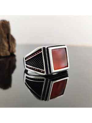 Vogutima Kırmızı Akik Taşlı Gümüş Erkek Yüzük Gyzgmsgumse