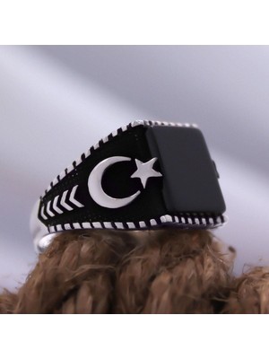 Vogutima Siyah Oniks Kare Taşlı Ay Yıldız Işlemeli Özel Seri Erkek Gümüş Yüzük