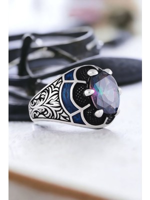 Vogutima -  925 Ayar Gümüş Erkek Mistik Toplaz Taşlı Minimal Erkek Gümüş Yüzük