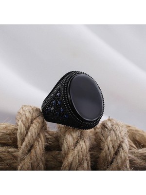 Vogutima Siyah Oniks Mavi Mikro Taşlı Özel Seri Erkek Gümüş Yüzük