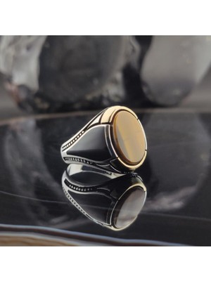 Vogutima Elif Yazılı Kehribar Erkek Gümüş Yüzük Gyzgmsqgumu