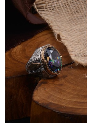 Vogutima Mülkün Sahibi Özel Seri Koleksiyonluk Turkuaz ve Yakut Taşlı Gümüş Erkek Yüzük