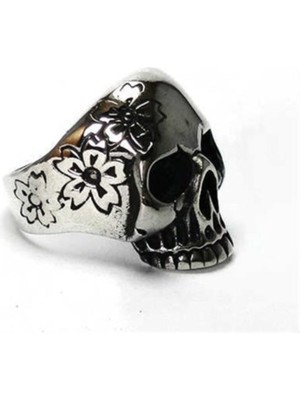 Vogutima Çiçekli Kurukafa Gotik Gümüş Erkek Yüzüğü