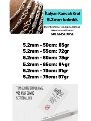 Vogutima 5.2mm Italyan Kancalı Kral Model 925 Ayar Gümüş Erkek Kolye Zincir 240079804