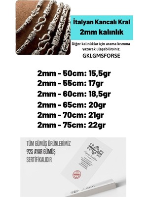 Vogutima 2mm Italyan Kancalı Kral Model 925 Ayar Gümüş Erkek Kolye Zincir 240079804