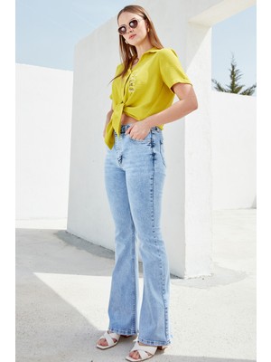 Sementa Ispanyol Paça Yüksel Bel Jean Pantolon Açık Mavi