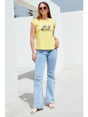 Sementa Düşük Kol Baskılı Viskon T-Shirt - Sarı