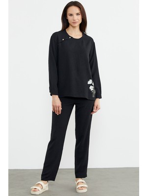 Sementa Baskı Detaylı Uzun Kol Krep Takım - Siyah