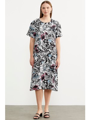 Sementa Desenli Kısa Kol Rahat Kalıp Elbise - Siyah