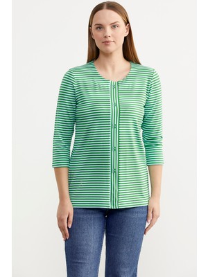 Sementa Çizgili Uzun Kol Patlı T-Shirt - Yeşil