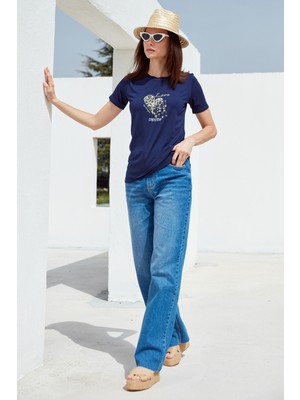 Sementa Varak Baskılı Dökümlü T-Shirt - Lacivert