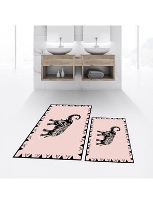 Viyana Home Dijital Baskılı Kaymaz Taban Yıkanabilir Ikili Banyo Paspas Klozet Takımı, V-Klozet-32-Pembe,