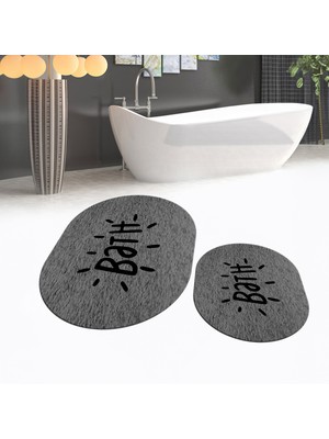 Viyana Home Dijital Baskılı Kaymaz Taban Yıkanabilir Oval Ikili Banyo Paspas Klozet Takımı, V-O-Klozet-09-Gri,