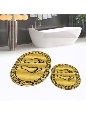 Viyana Home Dijital Baskılı Kaymaz Taban Yıkanabilir Oval Ikili Banyo Paspas Klozet Takımı, V-O-Klozet-19-Sarı,