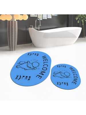 Viyana Home Dijital Baskılı Kaymaz Taban Yıkanabilir Oval Ikili Banyo Paspas Klozet Takımı, V-O-Klozet-11-Mavi,