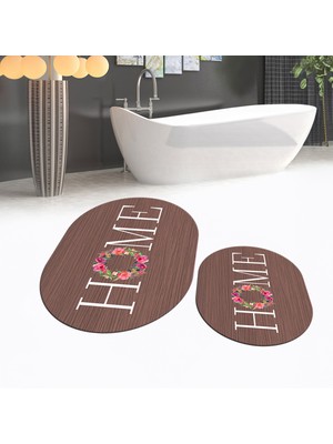 Viyana Home Dijital Baskılı Kaymaz Taban Yıkanabilir Oval Ikili Banyo Paspas Klozet Takımı, V-O-Klozet-12-Kahve,