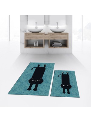 Viyana Home Dijital Baskılı Kaymaz Taban Yıkanabilir Ikili Banyo Paspas Klozet Takımı, V-Klozet-39-Mavi,