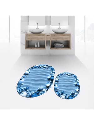 Viyana Home Dijital Baskılı Kaymaz Taban Yıkanabilir Oval Ikili Banyo Paspas Klozet Takımı, V-O-Klozet-47-Mavi,