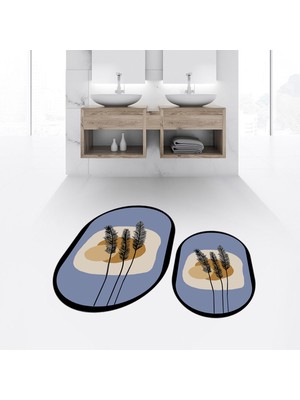 Viyana Home Dijital Baskılı Kaymaz Taban Yıkanabilir Oval Ikili Banyo Paspas Klozet Takımı, V-O-Klozet-28-Mavi,