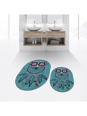 Viyana Home Dijital Baskılı Kaymaz Taban Yıkanabilir Oval Ikili Banyo Paspas Klozet Takımı, V-O-Klozet-35-Mavi,